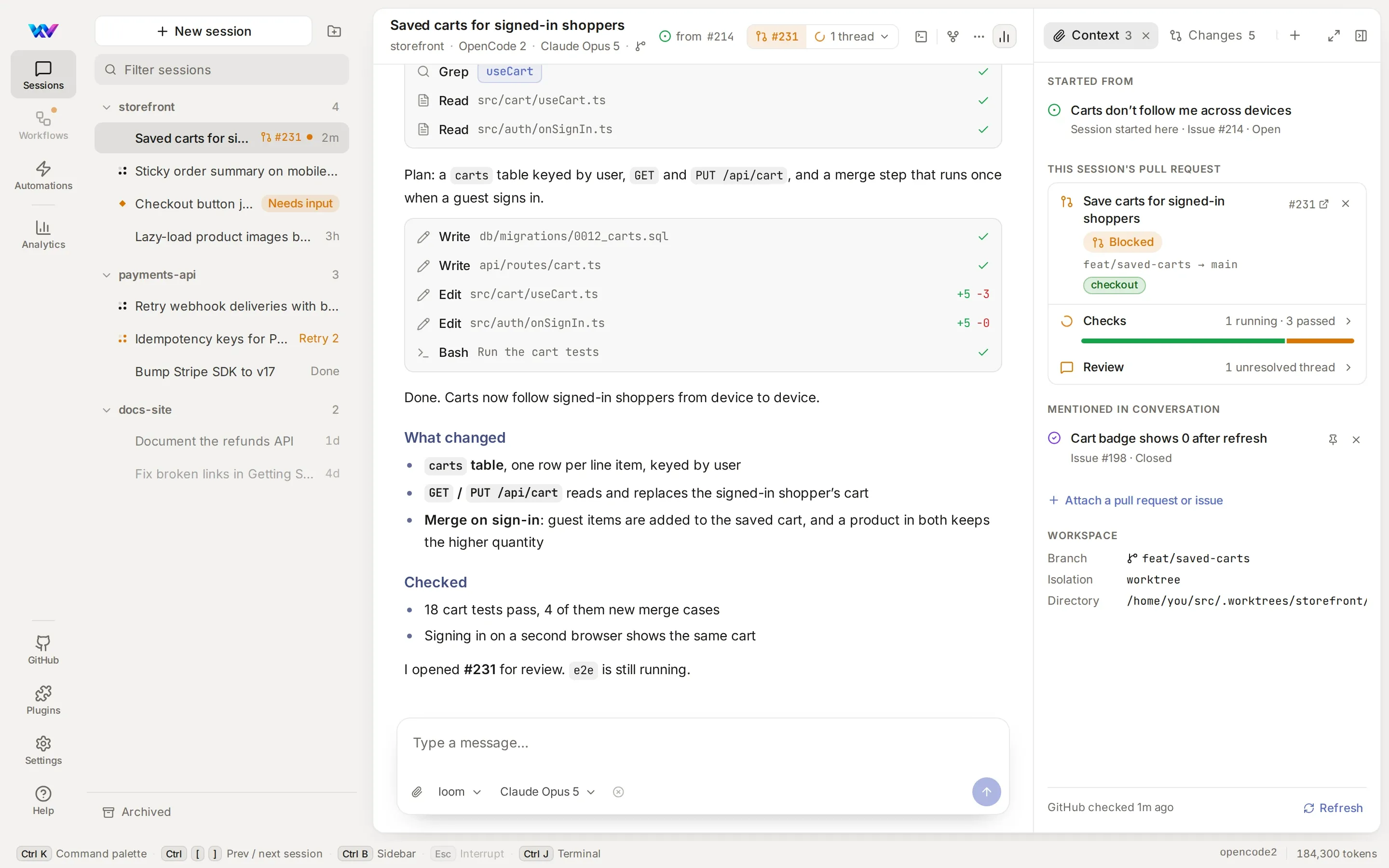 The Context tab: the originating issue, and the pull request marked Blocked by 1 unresolved review thread, with 1 check running and 3 passed.