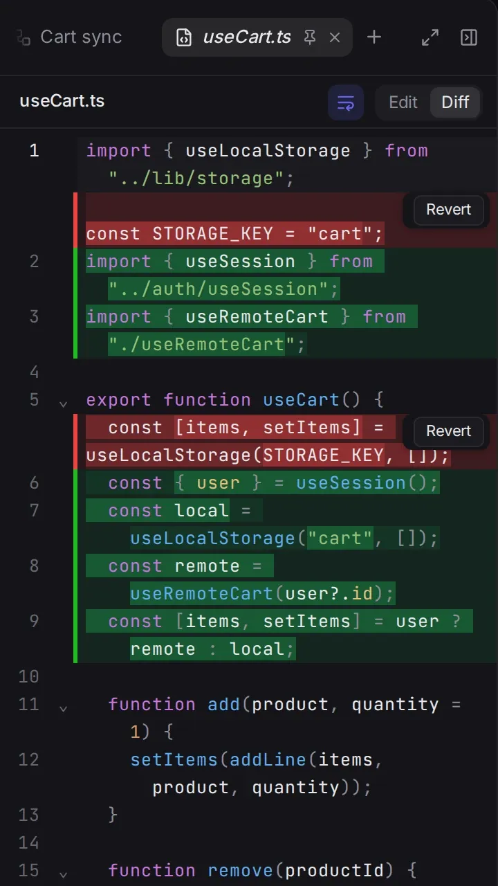 A changed file open on its diff, with Revert on each hunk.