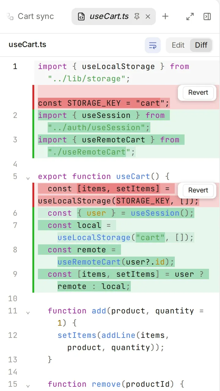 A changed file open on its diff, with Revert on each hunk.