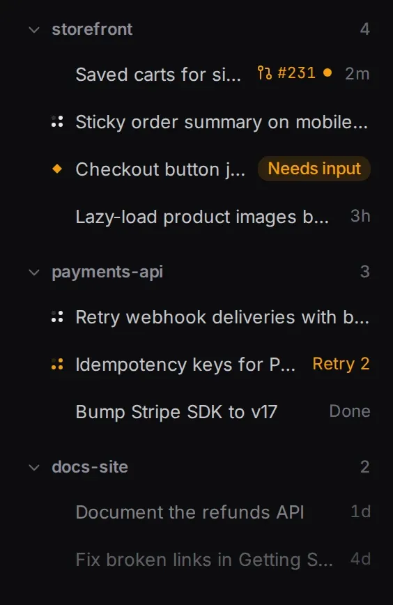 Fleet’s session list: 9 sessions across 3 repositories, one marked Needs input.