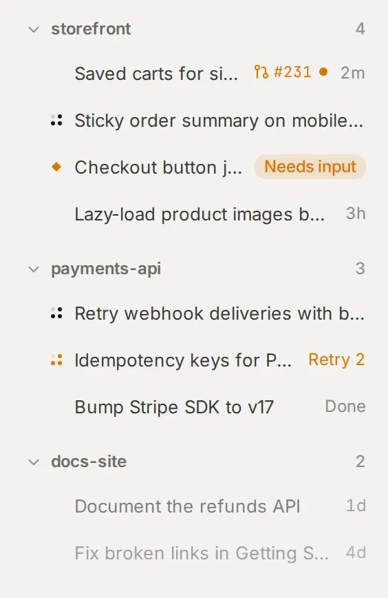 Fleet’s session list: 9 sessions across 3 repositories, one marked Needs input.