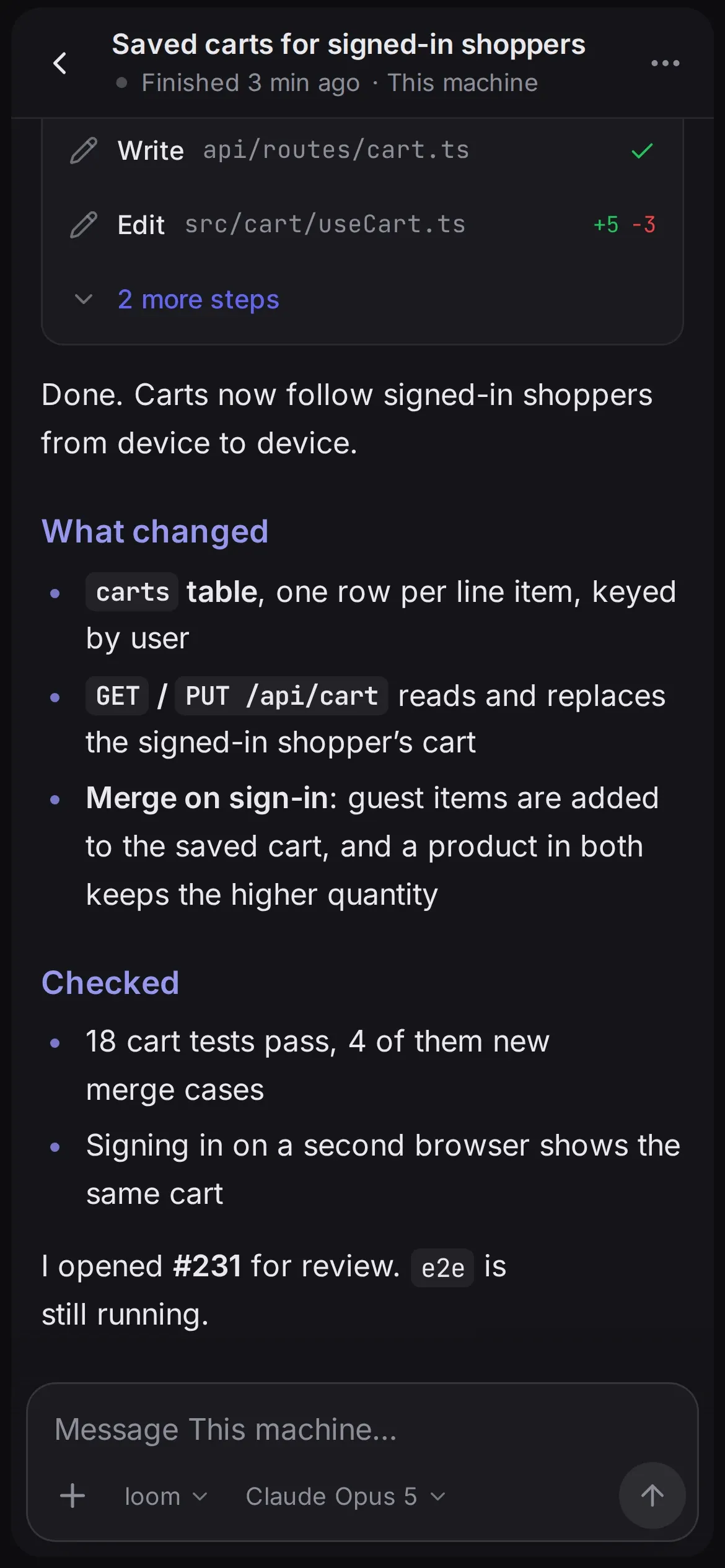 Fleet’s phone view of one session: its summary of what it changed and checked, with a box to reply.