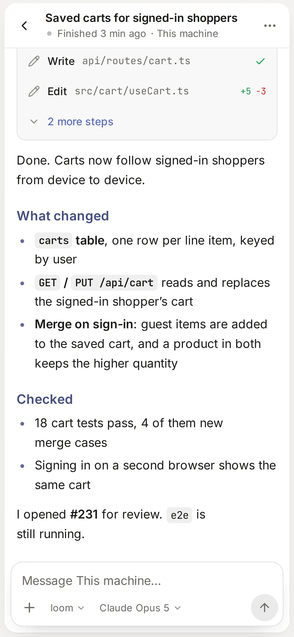 Fleet’s phone view of one session: its summary of what it changed and checked, with a box to reply.