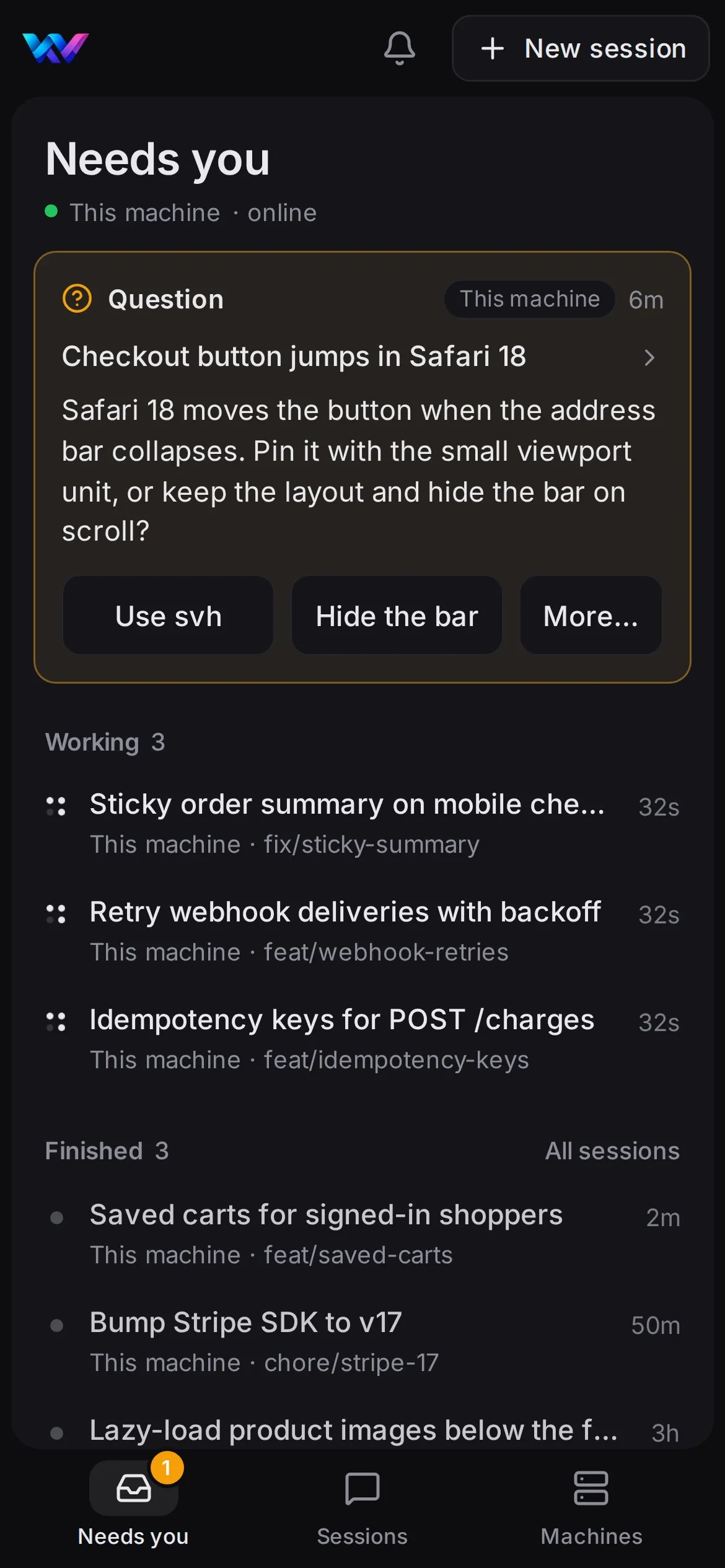 Fleet’s phone view: what needs you first, a session’s question with answers to tap, then the sessions working and finished.