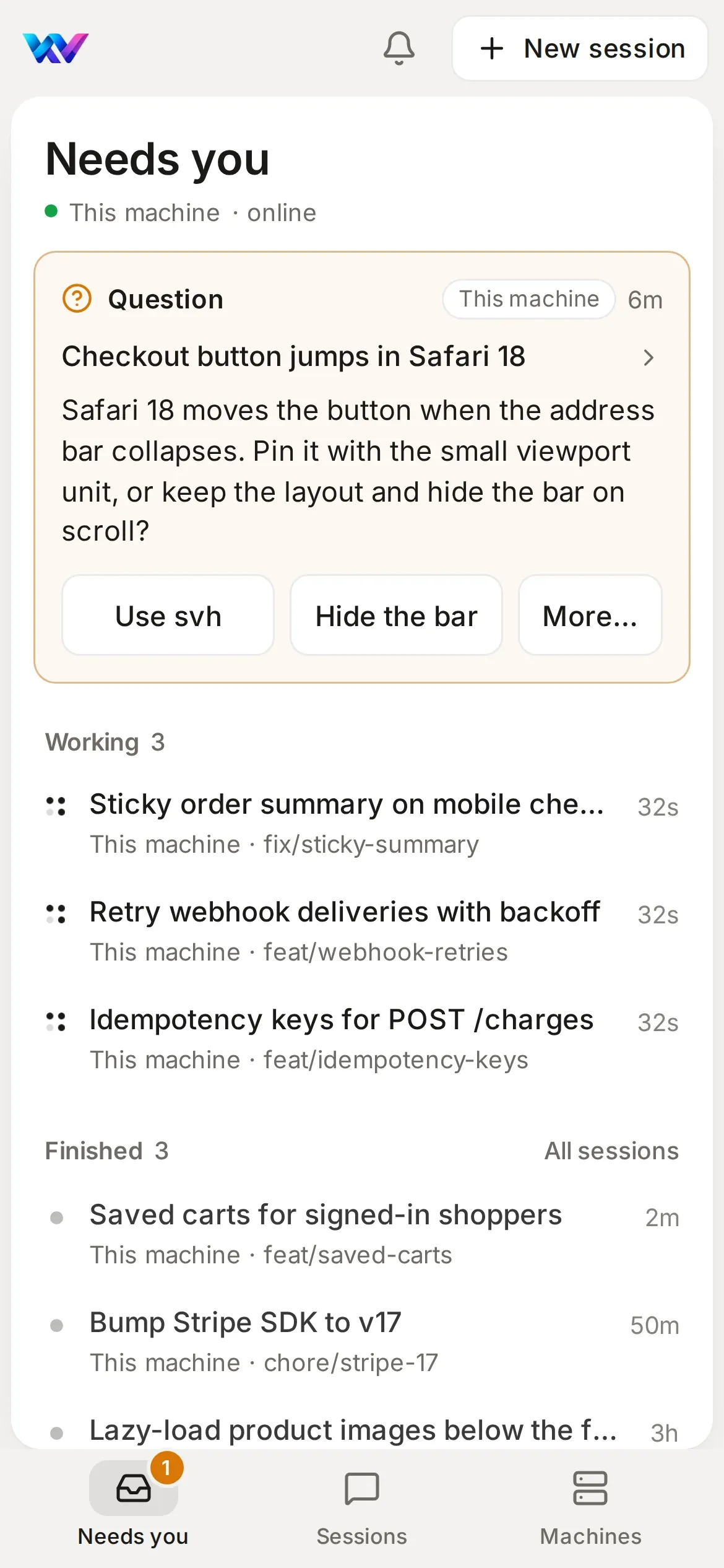 Fleet’s phone view: what needs you first, a session’s question with answers to tap, then the sessions working and finished.