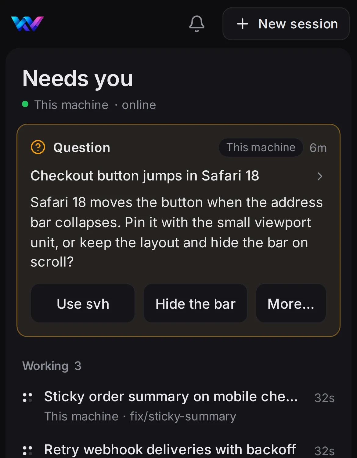 Fleet on a phone: Needs you, with a question from the Safari checkout session.