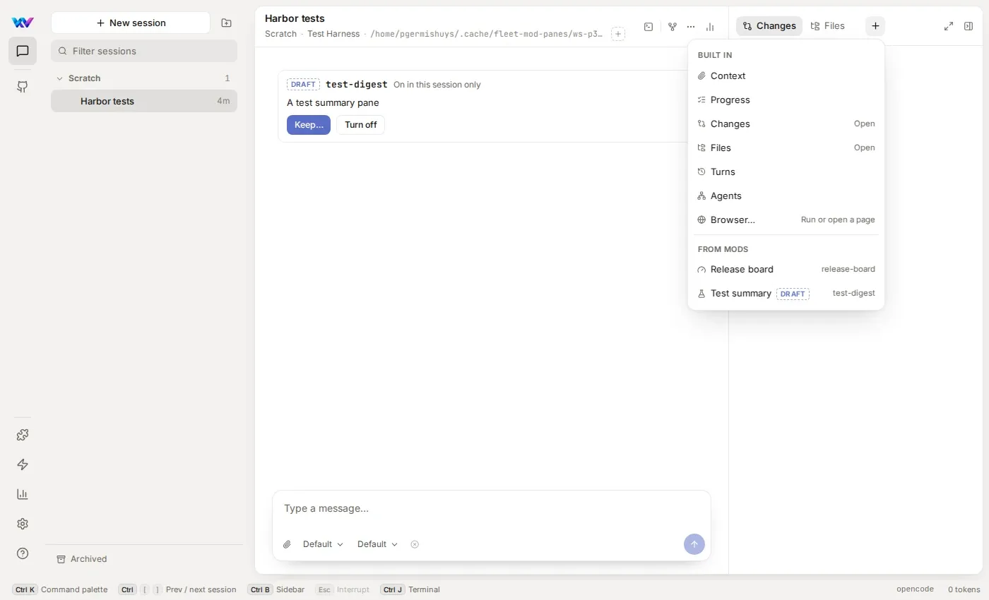 The + menu with Built in items, then From mods: Release board from release-board, and Test summary marked Draft from test-digest