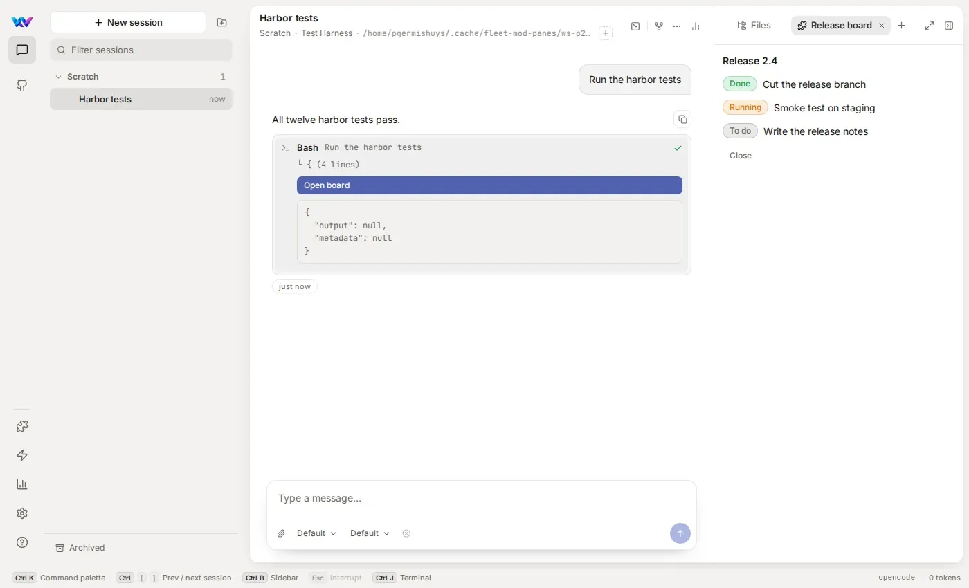 A session with the Release board tab open beside Files: three items marked Done, Running and To do, and a Close button