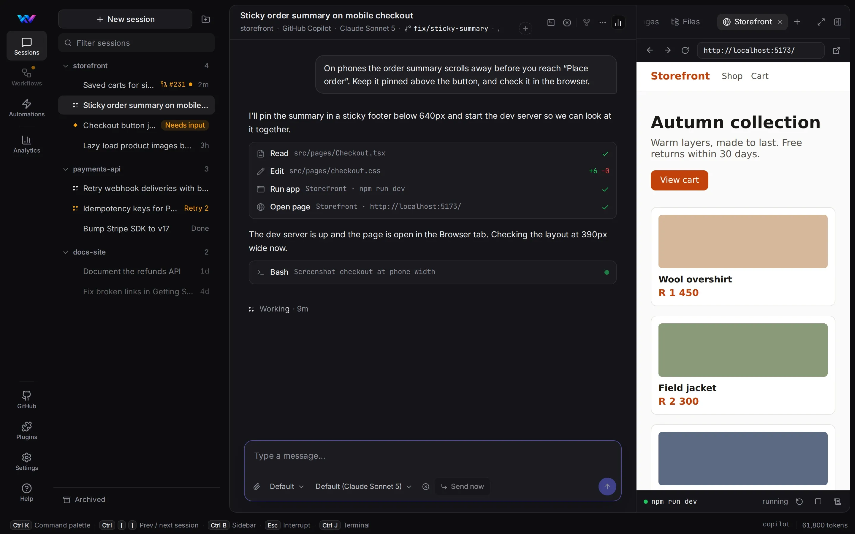 A Fleet session with a Browser tab showing the running Storefront app beside the conversation.