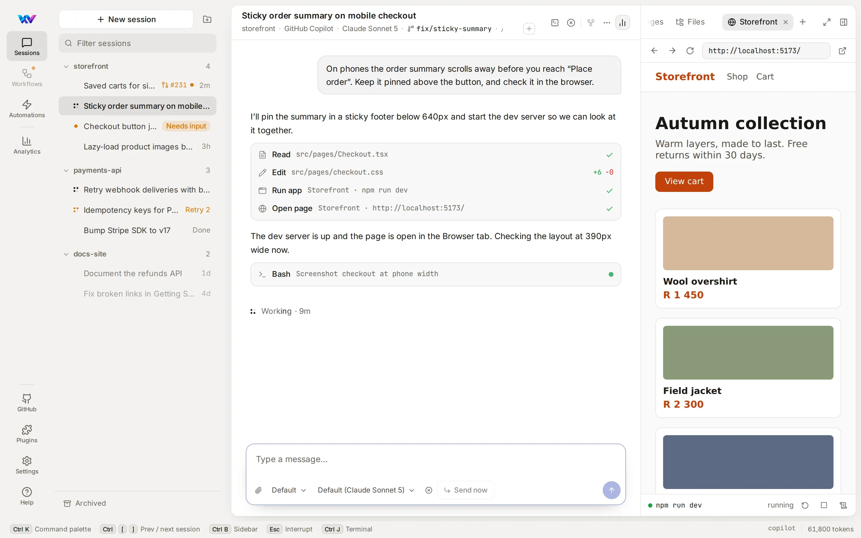 A Fleet session with a Browser tab showing the running Storefront app beside the conversation.