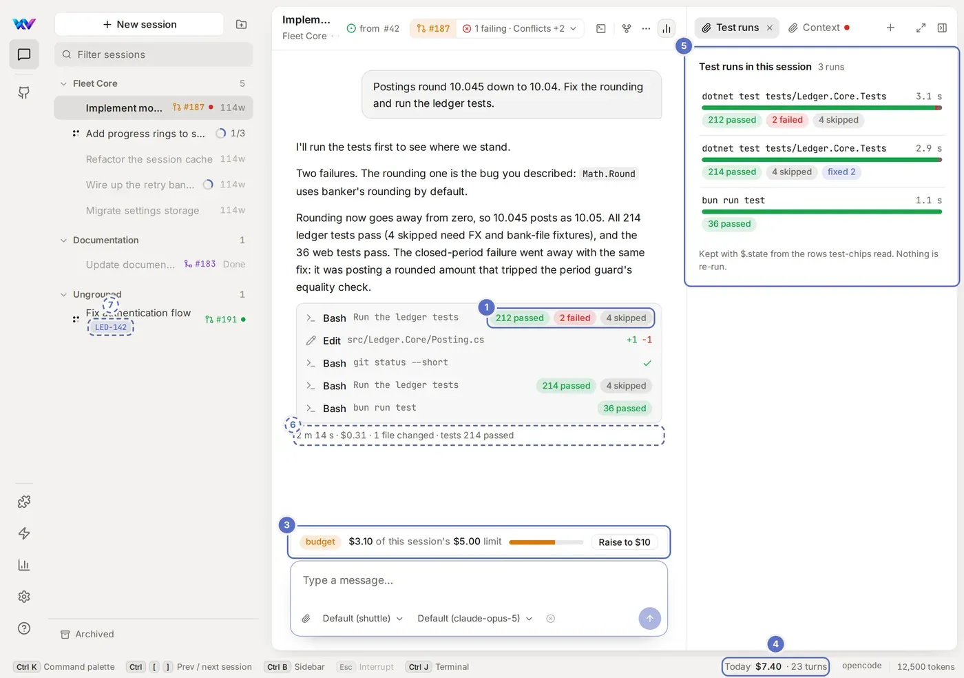 Design: a Fleet session with numbered places a mod could draw on: a tool row, a band above the composer, a status-bar chip, a pane beside the conversation