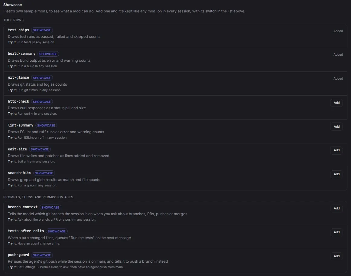 The Showcase in Settings, Mods: sample mods grouped under Tool rows and Prompts, turns and permission asks, each with a description, a Try it line, and Add or Added