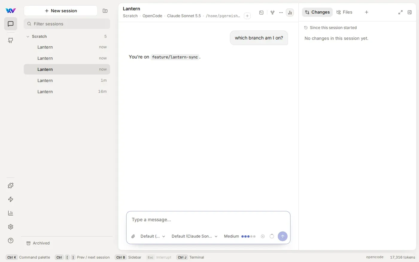 A session where the user asked which branch they are on and the agent answered feature/lantern-sync