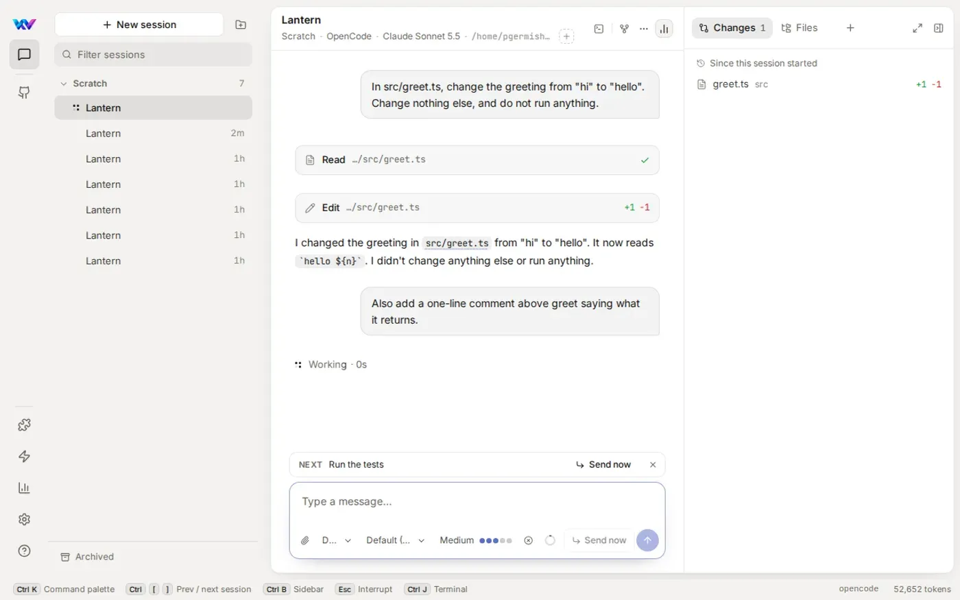A session with a Run the tests message waiting as Next above the composer