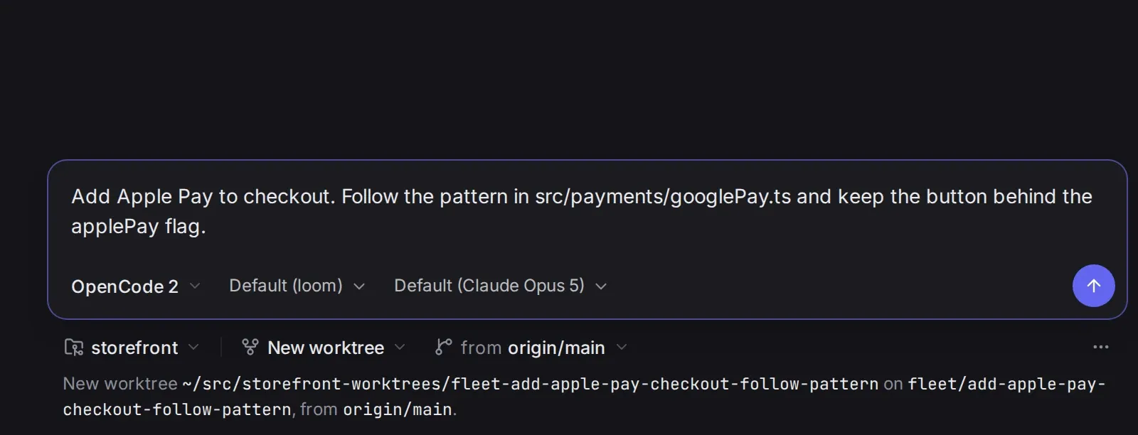 The new-session composer: a task typed in, the harness menu open on OpenCode 2, OpenCode, Claude Code and Pi, the agent and model pickers, and chips saying it will run in a new worktree of storefront from origin/main.