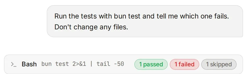 A bash row for bun test with the chips 1 passed, 1 failed and 1 skipped